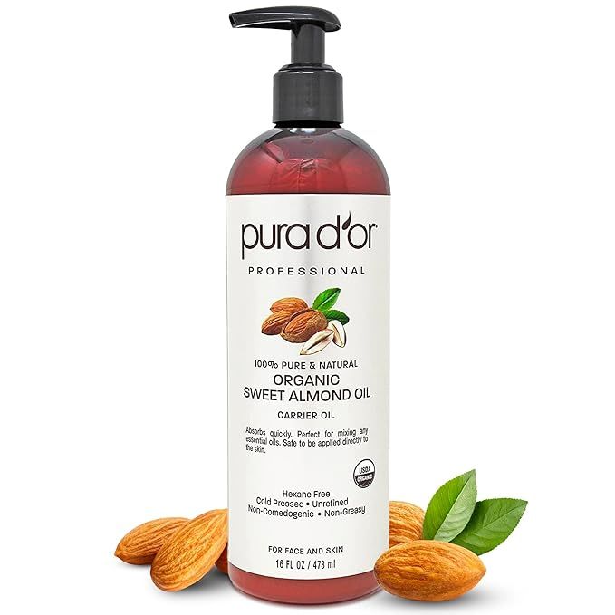 PURA D'OR Organic Sweet Almond Oil (16oz) USDA Certified 100% Pure & Natural Carrier Oil - Hexane... | Amazon (US)