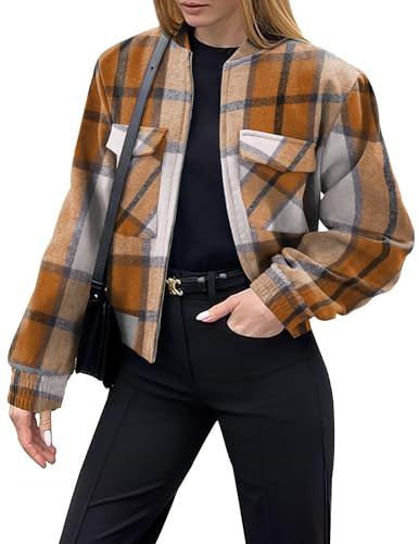 Zeagoo Flannel Shacket Womens Cropped Plaid Jacket Fall Coat Tops Fashion Long Sleeve Zip Up Halloween Khaki XXL | Amazon (US)