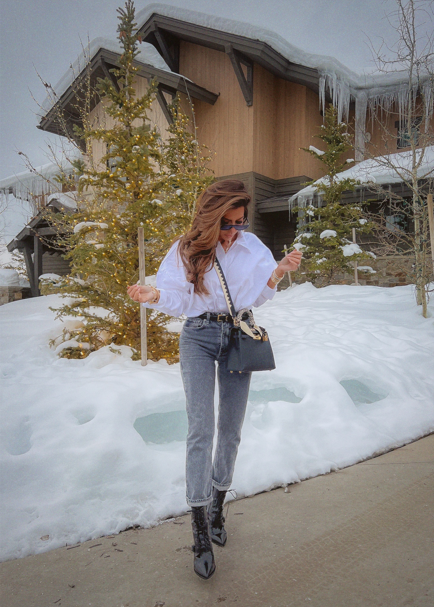 Wearing size small in top, size 26 in jeans, boots fit true to size. 
Winter Outfit, Jeans, Flattering Jeans, Black Wash Jeans, Hermes Kelly, Oversized Boyfriend Button Down Top, White Bodysuit, Rag & Bone Jeans, Twilly Scarf, Black Boots, Winter Boots, Emily Ann Gemma, Travel

#LTKtravel #LTKSeasonal #LTKshoecrush