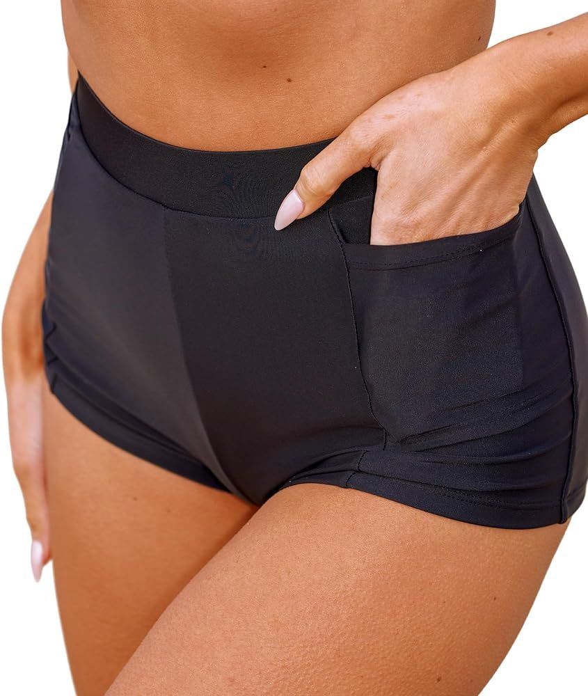 CUPSHE Bikini Bottom for Women High Waisted Swim Shorts Versatile Pocket | Amazon (US)