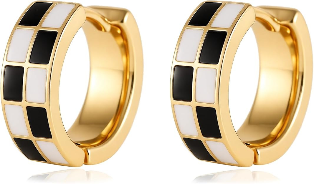 Chic Checker Small Hoop Cartilage Earrings Teacher Earrings for Women；White Black Enamel Hypoal... | Amazon (US)