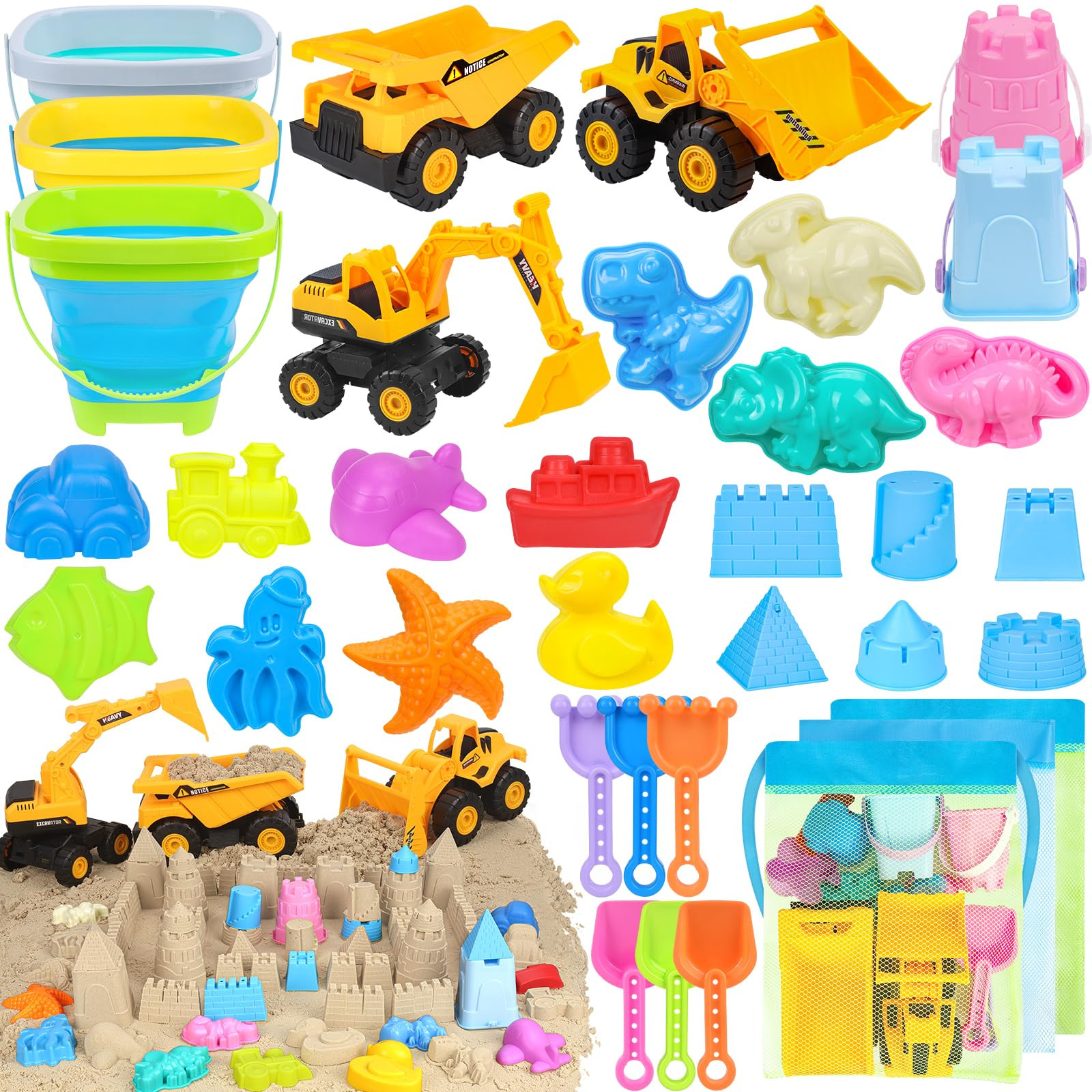Beach Toys, 35Pcs Sand Toys, Sandbox Toys with 3 Truck 3 Collapsible Beach Bucket, Sand Castle To... | Amazon (US)