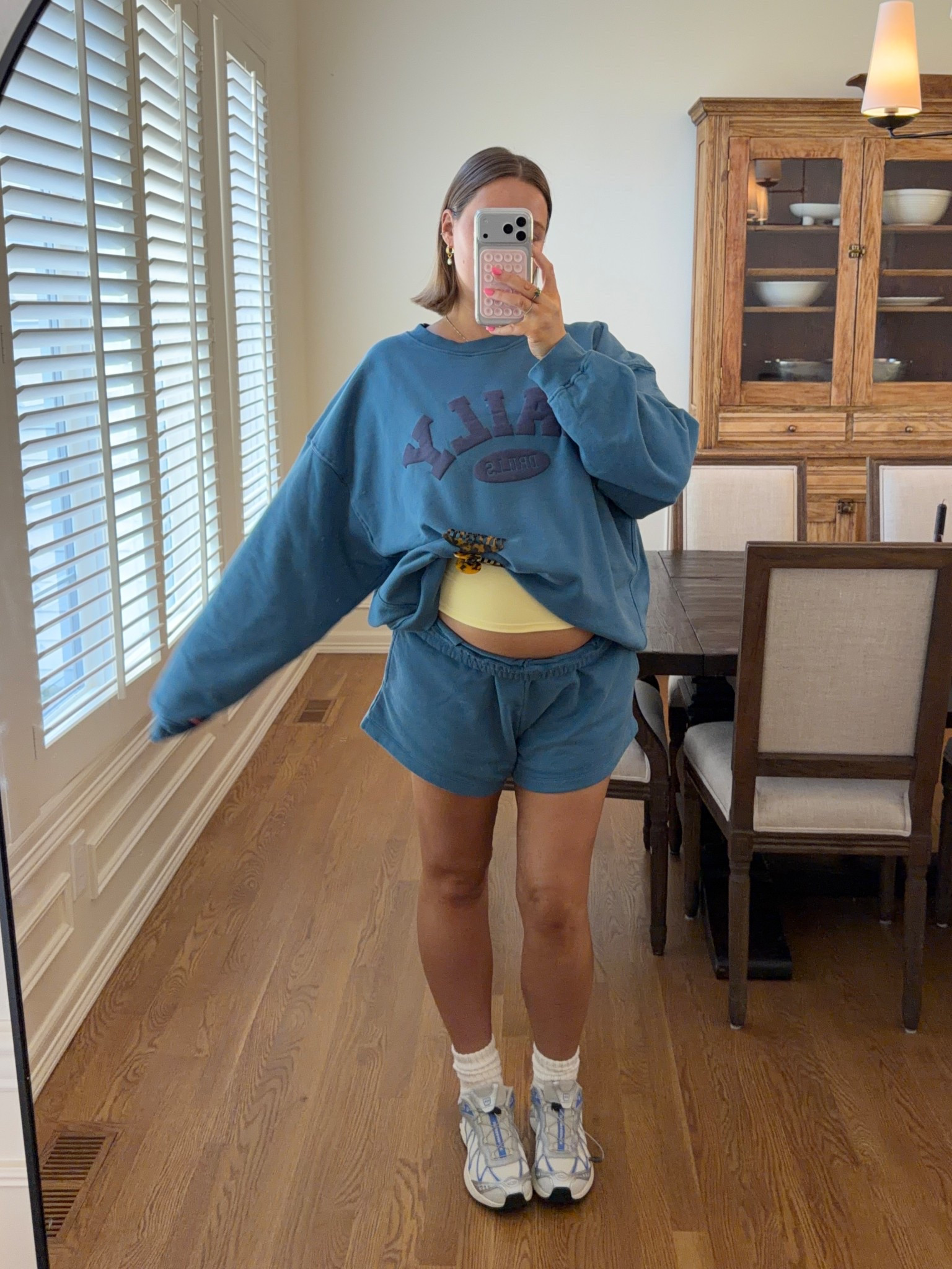 Size M/L in daily drills I’m 25+ weeks pregnant and 5’ 5” I always cuff the shorts! Everything has a nice oversized fit and I love this blue. Sneakers tts 

 #ltkbump #ltkmomlife #ltkgrwm