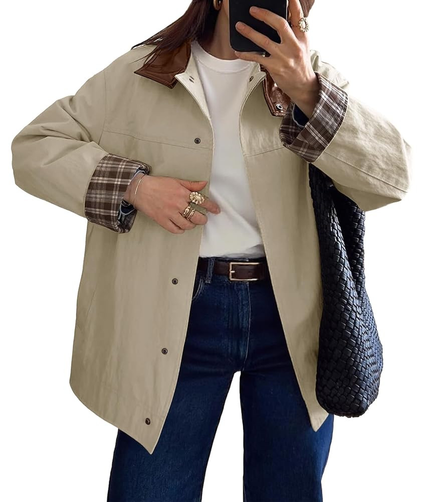 Tankaneo Womens Trench Coat Oversized Fall Barn Jacket Leather Collar Plaid Color Block Windproof... | Amazon (US)