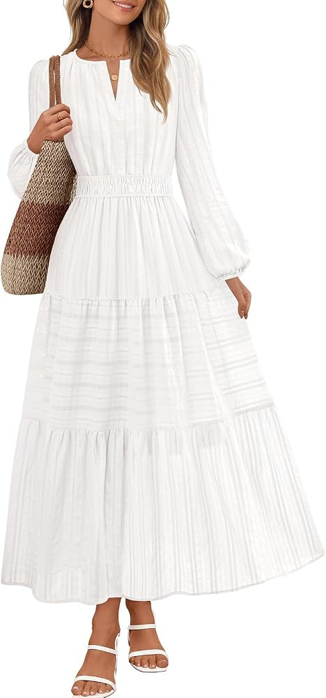 MEROKEETY Spring Summer Midi Dresses for Women 2026 Fall Casual Vacation Long Sleeve V Neck Tiere... | Amazon (US)