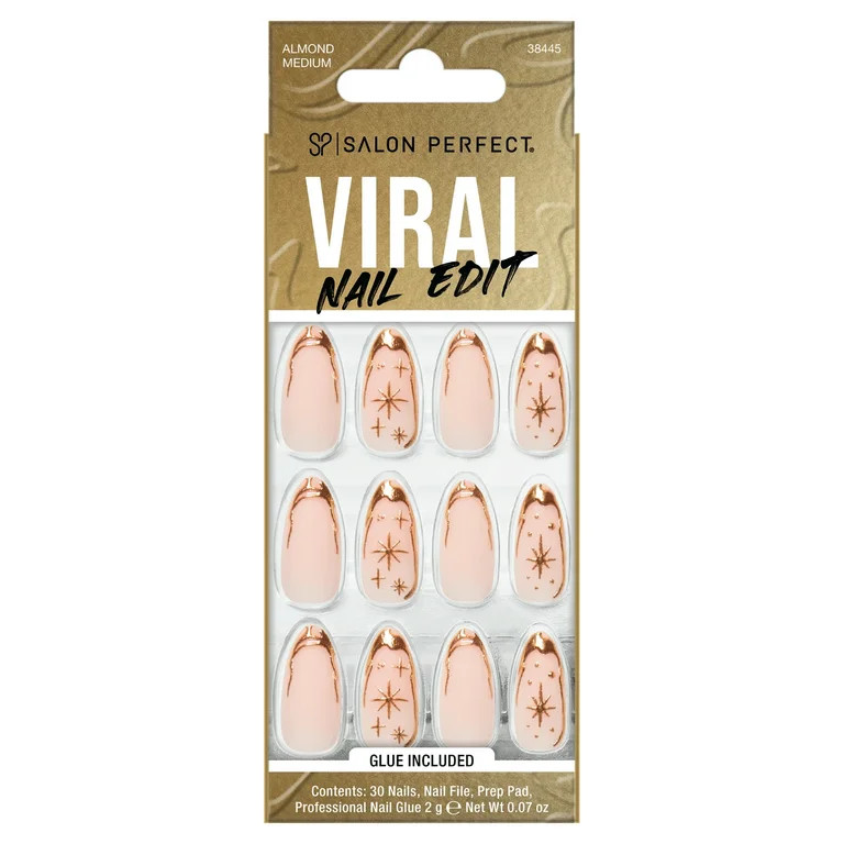 Salon Perfect Artificial Fake Press On Nails, 308 Viral Nail Edit, Gold Cosmic, Medium Almond, Fi... | Walmart (US)