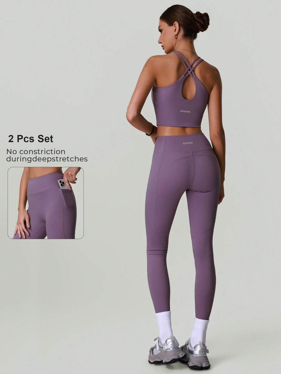 2 Pieces Workout Set Women's Round Neck Cross Strap Backless Padding Crop Top Vest Sports Bra And... | SHEIN