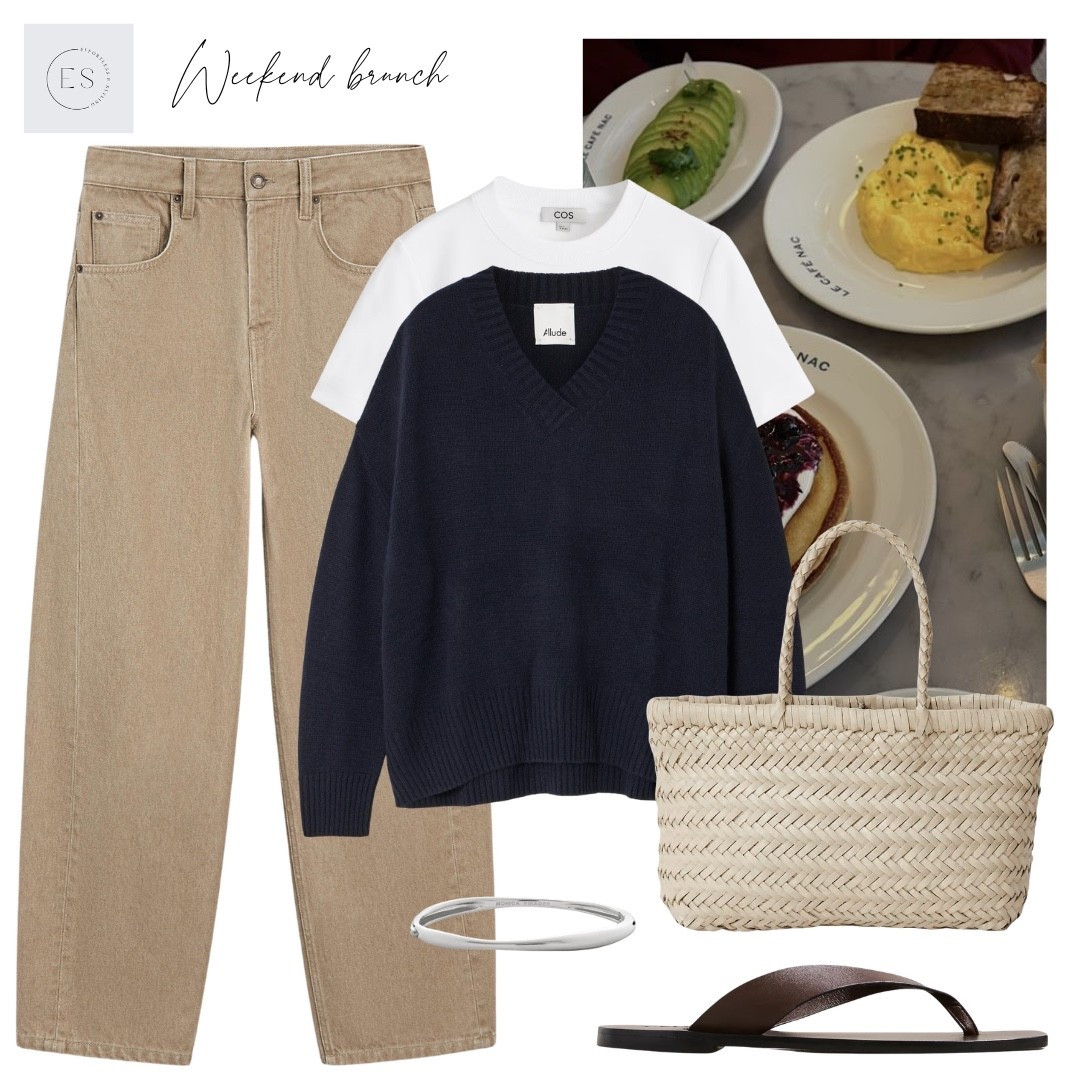 Casual Spring outfit. 

White clean cut T-shirt, navy v neck cashmere jumper, off white woven leather mini tote bag, dark brown leather flip flops, silver bangle, sand beige balloon fit jeans. 

#LTKuk #LTKspring #LTKjeans