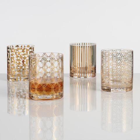 Metallic Gold Pattern Double Old Fashioned Glasses Set of 4 | World Market