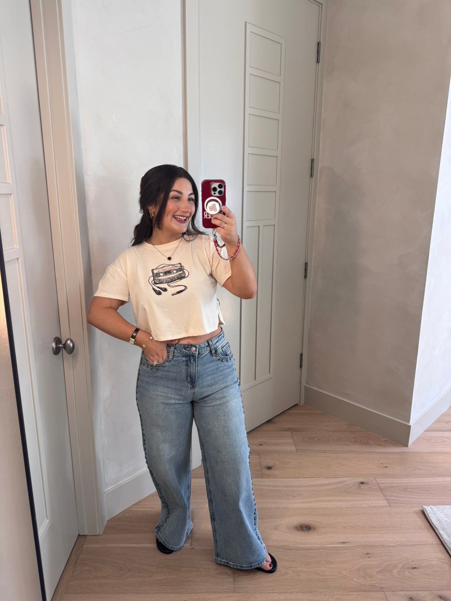 Macy’s Black Friday in July sale happening now!! 

50% off tee and studded denim! 
I’m in a small in the top and size 28 petite in the jeans! 

5’0” 140lbs 
Petite friendly

#LTKootd #LTKSaleAlert #LTKPetite