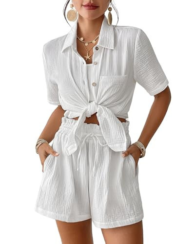 Bsubseach Womens 2 Piece Cover Ups Set Cotton Beach Short Sets Short Sleeve Button Down Shirt Shorts Resort Wear 2026 White L | Amazon (US)