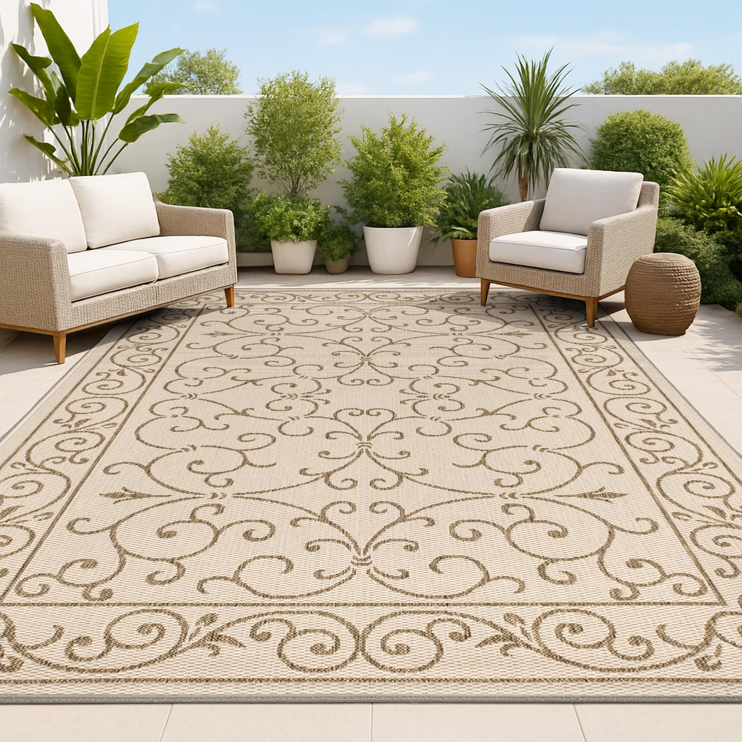 JONATHAN Y Vintage Filigree Indoor Outdoor Area Rug 8X10 Beige/Brown, Charleston Textured Weave f... | Amazon (US)