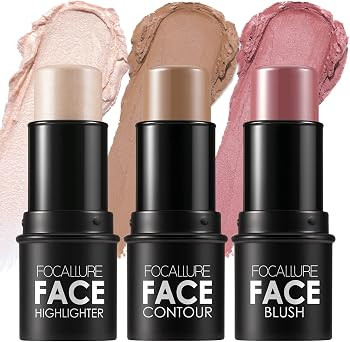 FOCALLURE 3 Pcs Cream Contour Sticks,Shades with Highlighter & Bronzer & Blush,Non-greasy Long-we... | Amazon (US)