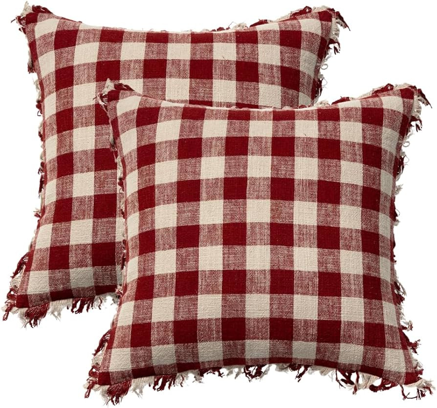 Set of 2 Farmhouse Cotton Linen Boho Gingham Fringe Checkered Plaid Throw Pillow Covers 18x18 Inc... | Amazon (US)