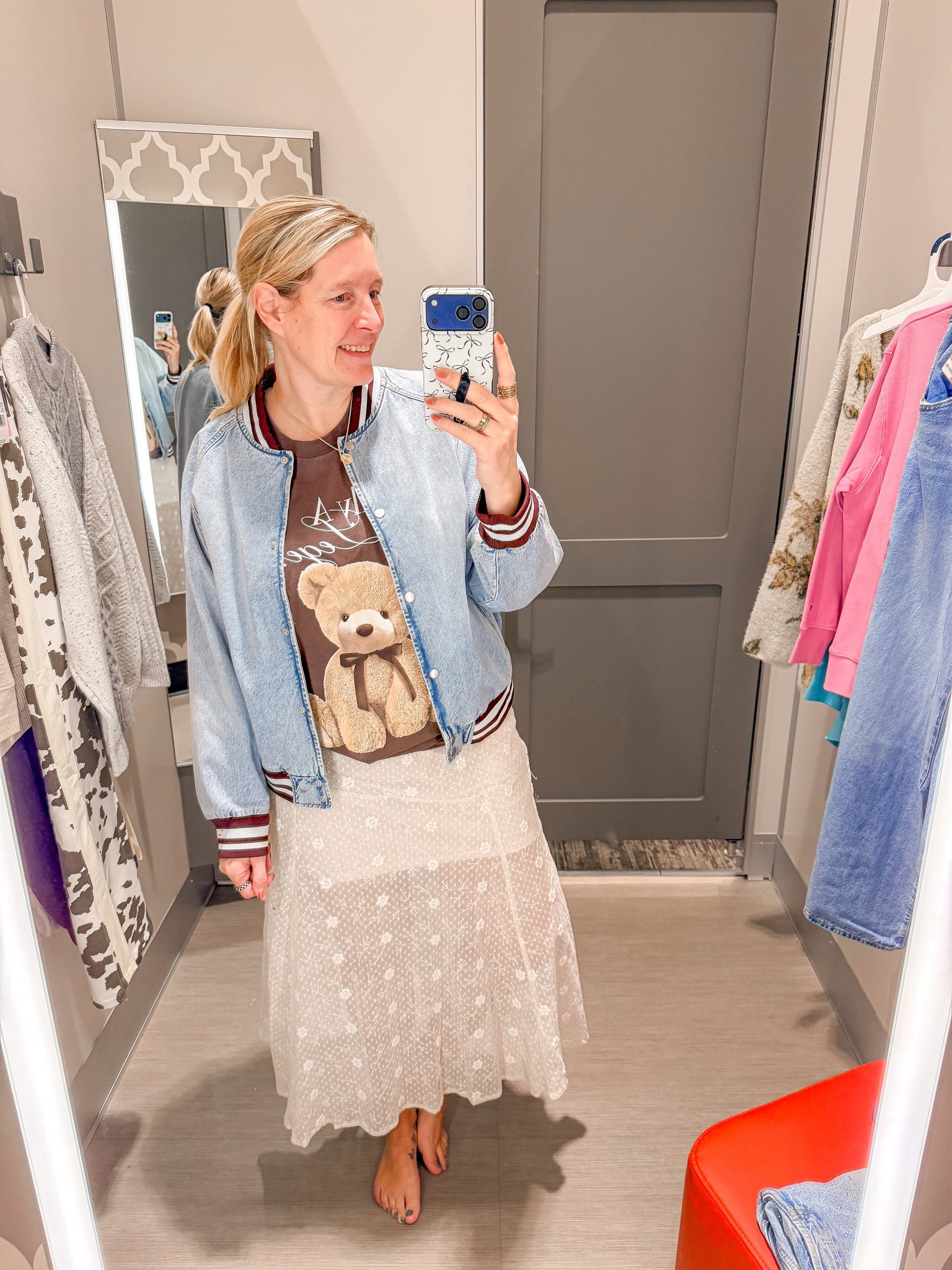 Such a cute look! It’s casual but put together. 

jacket large 
tee large 
skirt large 



#LTKStyleTip #LTKSeasonal #LTKFindsUnder50