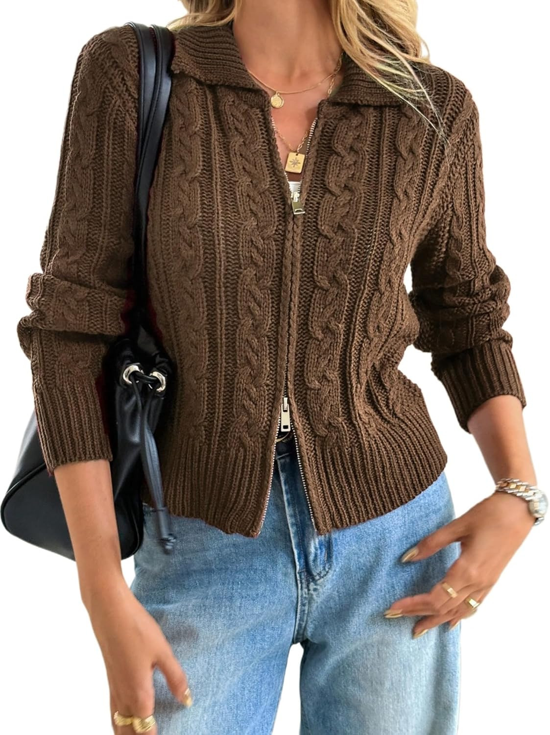 2026 Women Cable Knit Crop Cardigan Zip Up Sweater Jacket Vintage Chunky Y2k Grunge Aesthetic Clothes Fall Outfits | Amazon (US)