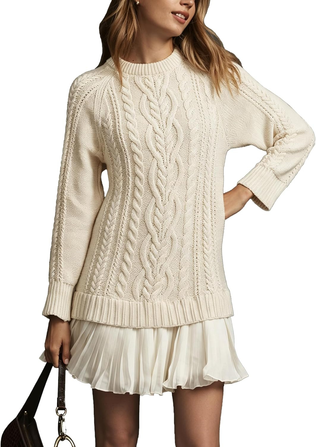 Bluetime Women's Cable Knit Long Sleeve Pleated Fall Mini Sweater Dresses | Amazon (US)