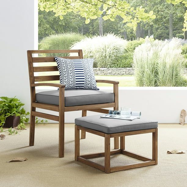 Manor Park Acacia Wood Outdoor Patio Chair & Pull Out Ottoman - Brown/Grey | Walmart (US)