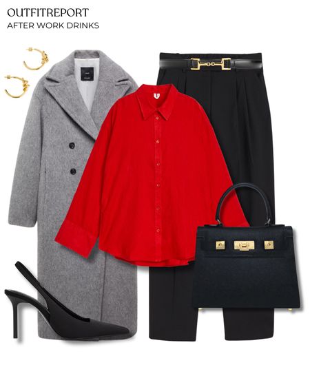 Black trousers black belt red shirt grey coat jacket black heels 

#LTKitbag #LTKshoecrush #LTKworkwear