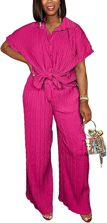 Casual Two Piece Set for Women - Button Down Shirt and Wide Leg Pants Matching Set Tracksuits | Amazon (US)