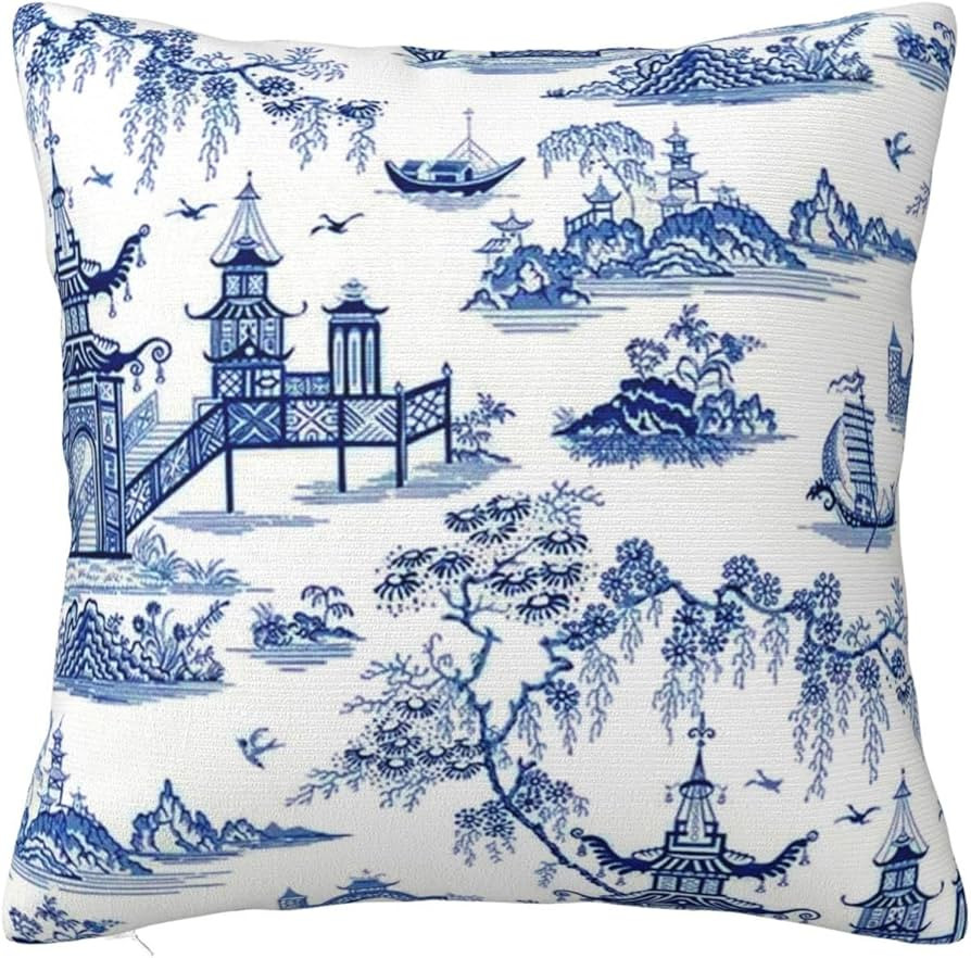 Chinoiserie Pillow Cover Blue Landscape Throw Pillow Covers 18x18 Inch Linen Pillow Covers for So... | Amazon (US)