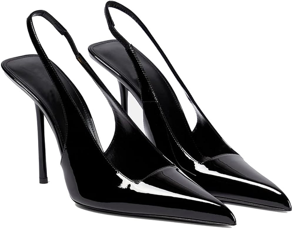 THESHY Women's Pointed Toe High Stiletto Heels Slingback Stretch Slip-on Pumps Backless Patent Le... | Amazon (US)