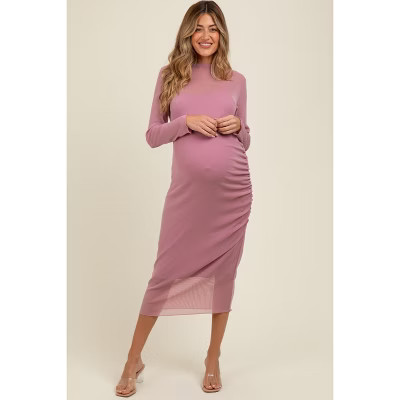 Pinkblush Pink Shimmer Mesh Long Sleeve Ruched Maternity Midi Dress Small | Target
