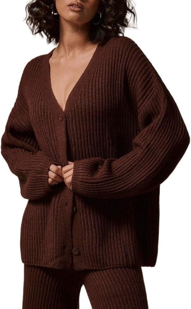 Knit Cardigan V Neck Drop Shoulder Women's Fall Winter Basic Style Cardigan Sweaters | Amazon (US)