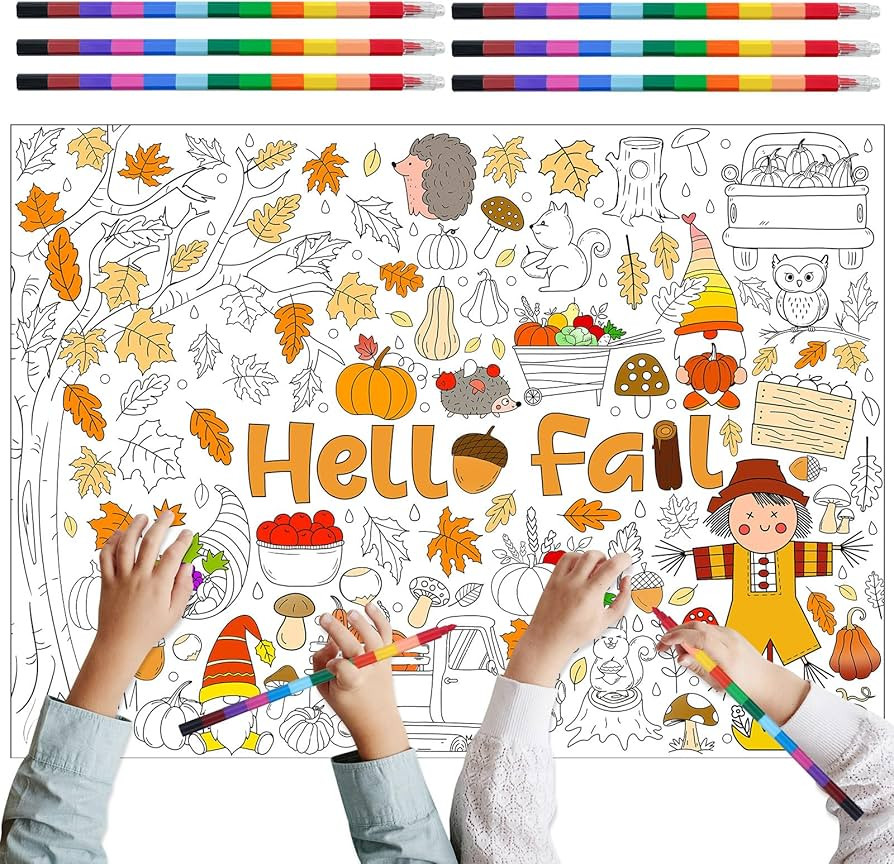 Giant Fall Coloring Poster with 6 Stacking Crayons, Pumpkin Maple Leaf Thanksgiving Party Favor S... | Amazon (US)