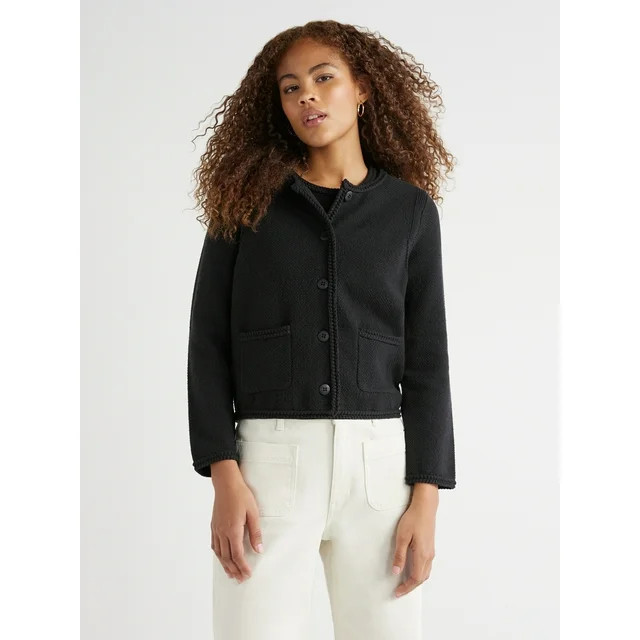 Free Assembly Women's Crochet Trim Cardigan Sweater with Long Sleeves, Midweight, Sizes XS-XXL | Walmart (US)