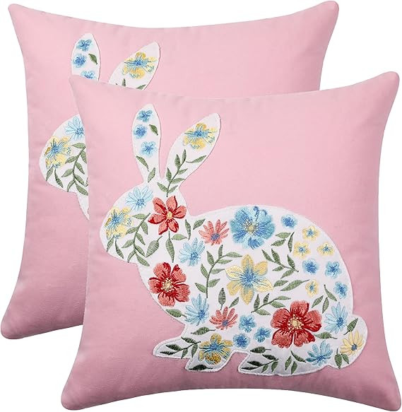 Tosleo Happy Easter Pillow Covers 18X18 Inch Set of 2 Cute Embroidered Pink Bunny and Flower East... | Amazon (US)