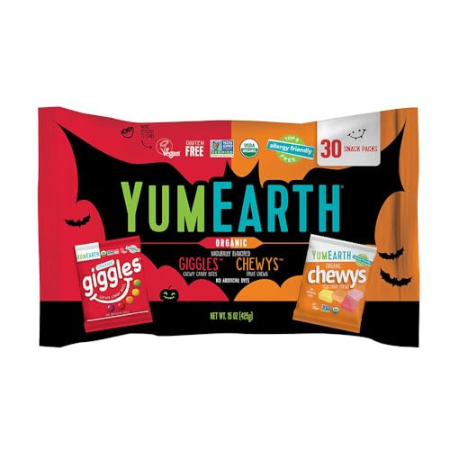 YumEarth Organic Halloween Giggles and Chewys Candy Variety Bag - Allergy Friendly (Top 9 Free), No Artificial Dyes or Flavors, Non GMO, Gluten Free, Vegan Candy Snacks - 15 oz (Pack of 30) | Amazon (US)