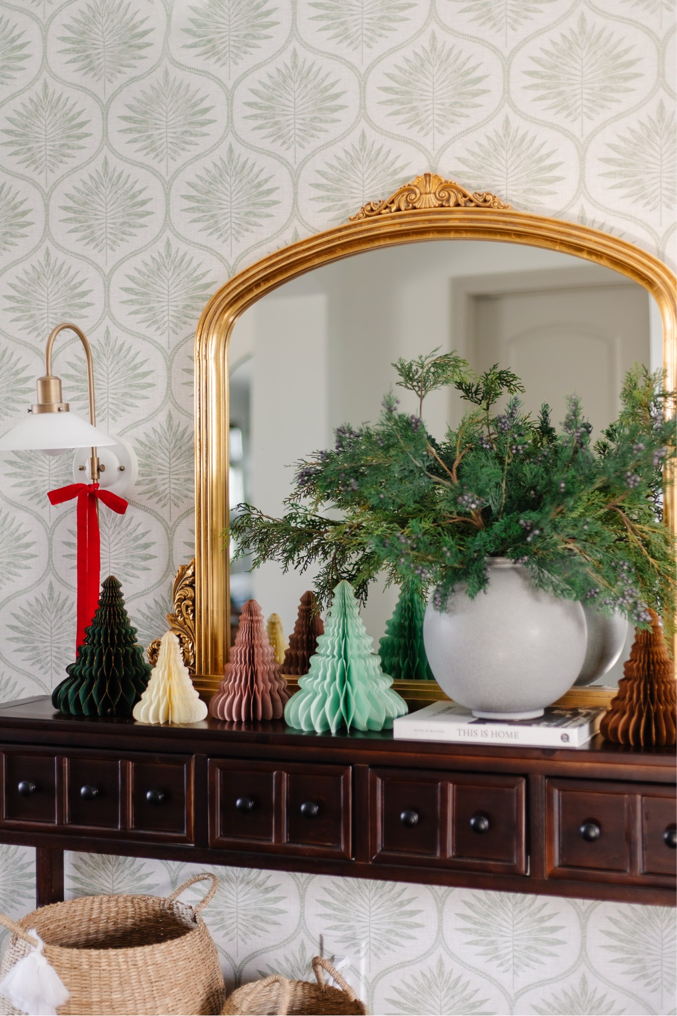 Christmas entryway console table decor with honeycomb paper trees and velvet ribbon 🎀 Christmas table decor ideas!

#LTKParties #LTKHoliday #LTKHome