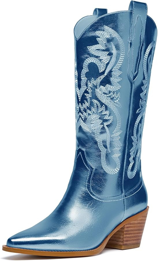 Mid Calf Metallic Cowboy Boots For Women Glitter Western Embroidered Cowgirl Boots Wide Calf Chun... | Amazon (US)