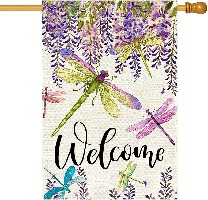 Baccessor Spring Summer Flower House Flag Wisteria Dragonfly Floral Welcome House Flag Burlap Dou... | Amazon (US)