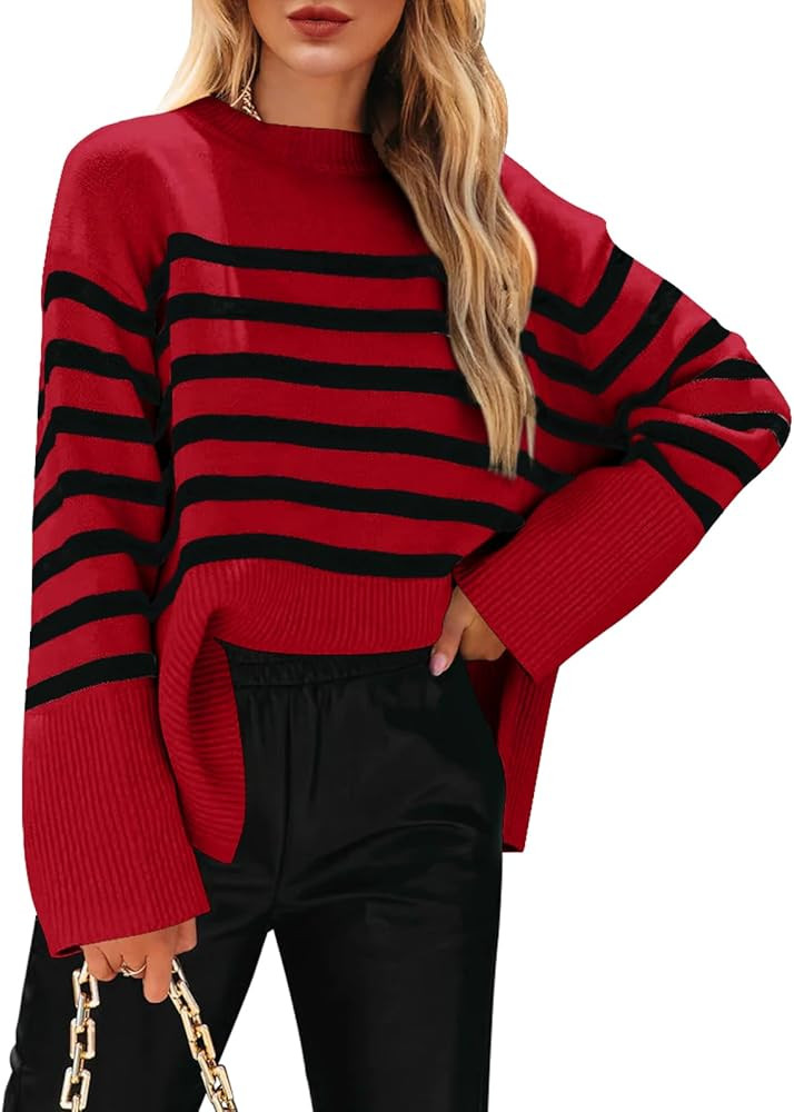 Imily Bela Womens 2024 Oversized Striped Sweater Crew Neck Long Sleeve Color Block Knit Side Slit... | Amazon (US)