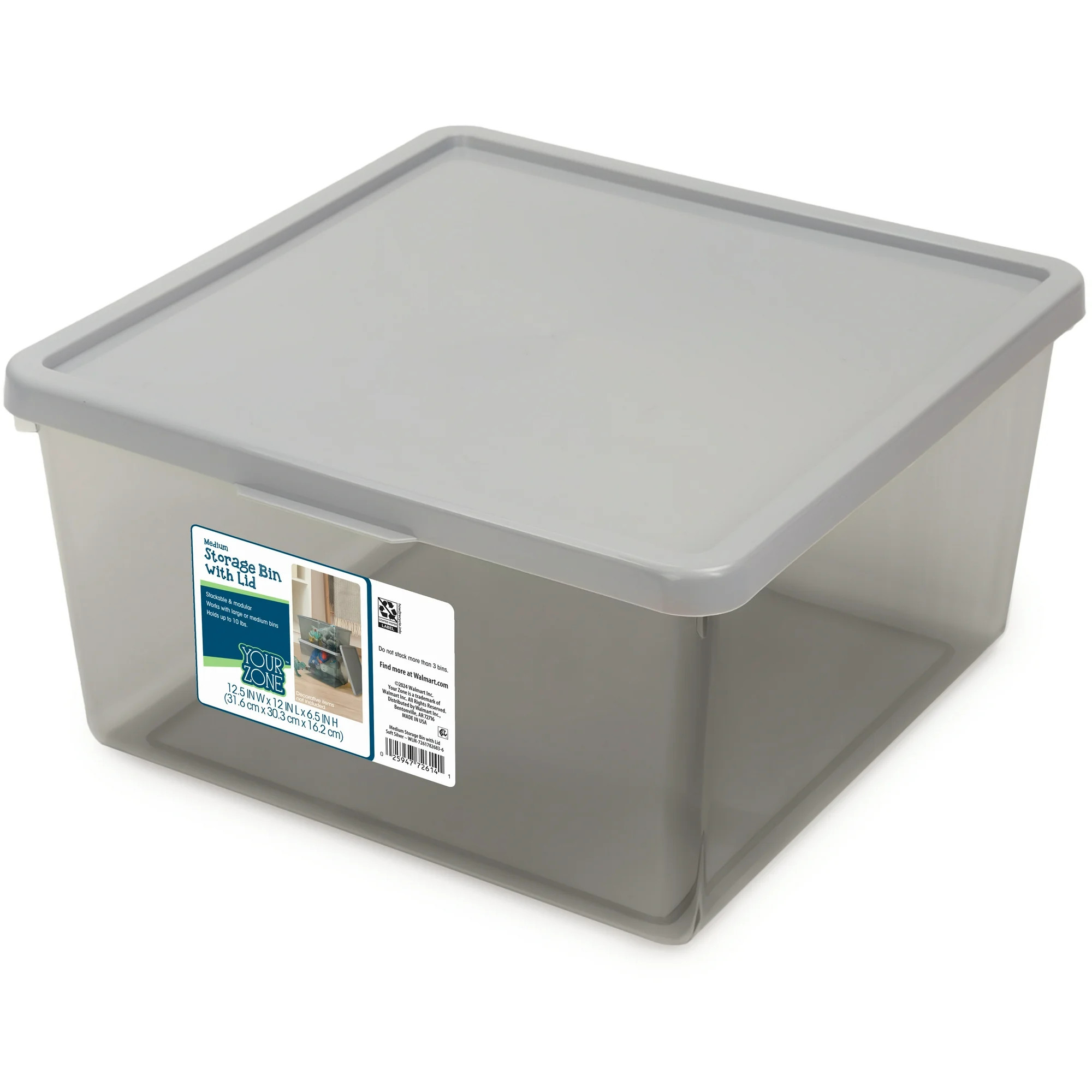 Your Zone Medium Tinted Clear Plastic Stacking Storage Bin with Lid, Grey, Kids and Teens | Walmart (US)