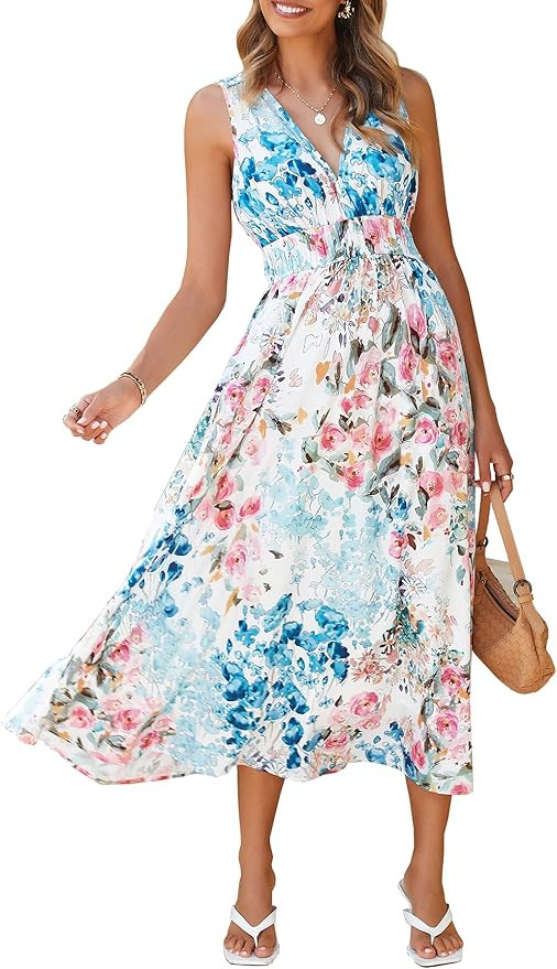 Womens 2025 Summer Sleeveless V Neck Boho Long Dress Floral Print Beach Maxi Sundresses | Amazon (US)