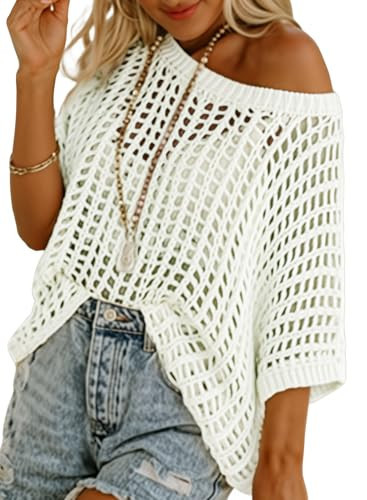 Dokotoo Womens 2026 Summer Crochet Hollow Out Short Sleeve Sweaters Tops Spring Off Shoulder Pullover Shirt Lightweight Knit Sweater Blouse Off The Shoulder Tops for Women White X-Large | Amazon (US)