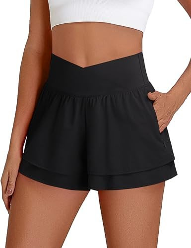 BMJL Womens Athletic Running Shorts High Waisted Crossover Workout Short with Pocket 3" | Amazon (US)
