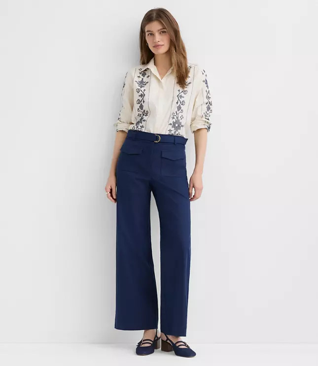 Petite Belted Palmer Wide Leg Pants in Pique | LOFT