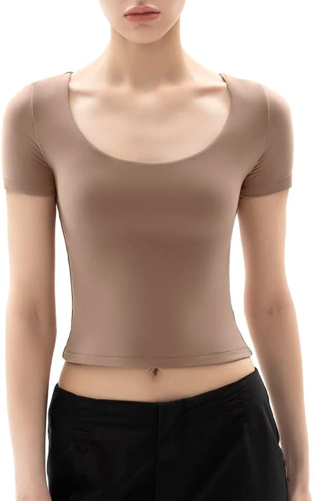 PUMIEY Women's Scoop Neck Short Sleeve T Shirt Slim Fit Sexy Tops Smoke Cloud Collection | Amazon (US)