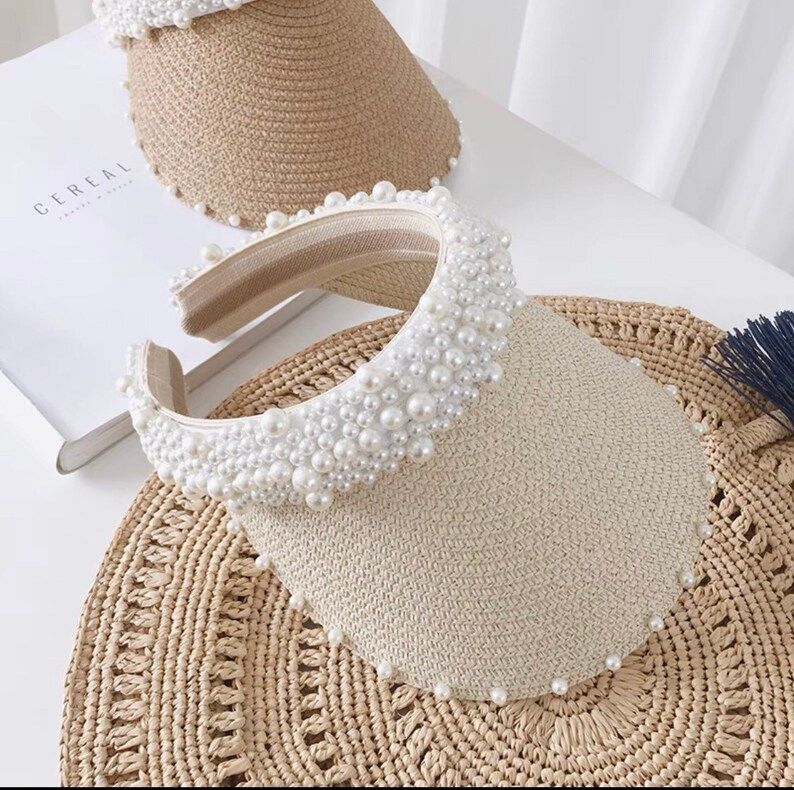 Pearls Sun Visor Straw hat female summer headwear Sun protection Adjustable Handmade | Etsy (US)