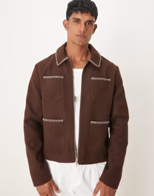 ASOS DESIGN wool look harrington jacket with blanket stitch in brown | ASOS (Global)