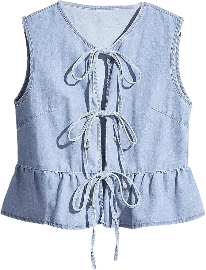 Women's Tie Front Denim Vest Sleeveless Peplum Top Ruffle Hem Jean Waistcoat | Amazon (US)