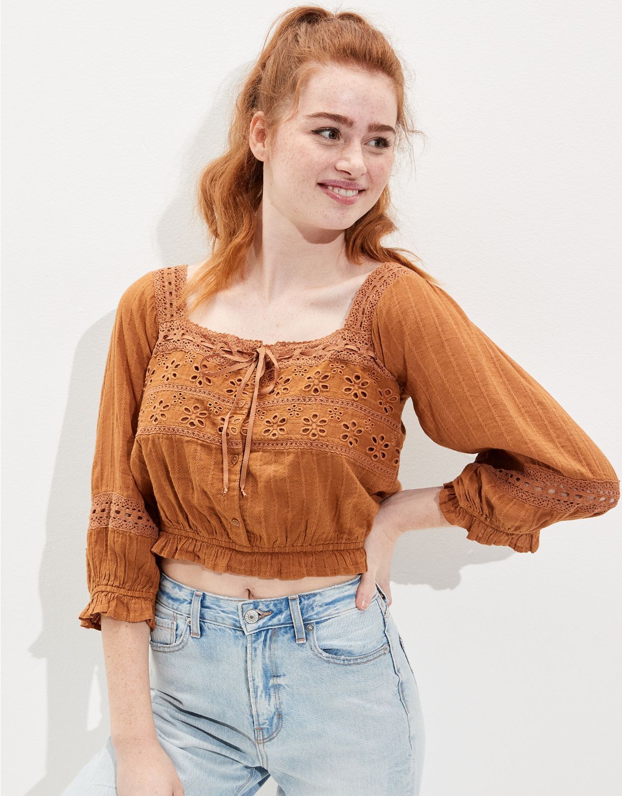 AE Lace Puff-Sleeve Blouse | American Eagle Outfitters (US & CA)