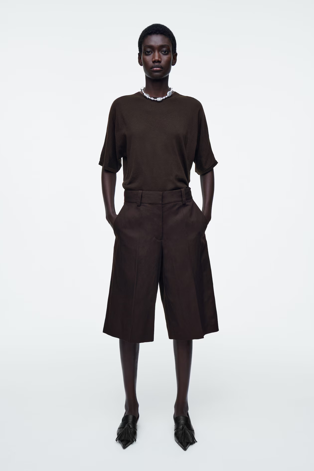 TAILORED LINEN-BLEND LONGLINE SHORTS - DARK BROWN | COS AU | COS (AU)