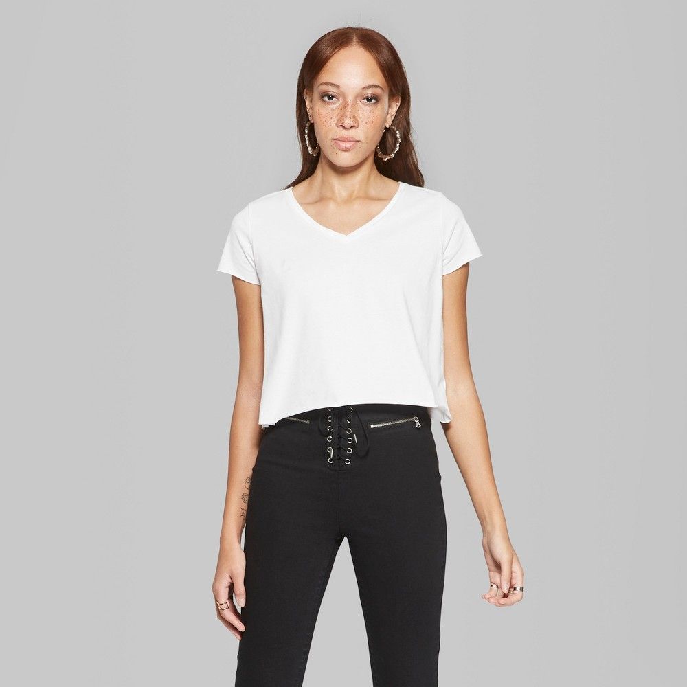 Women's Basic Sleeve V-Neck Boxy T-Shirt - Wild Fable White M | Target