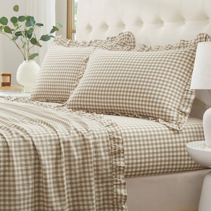 Ruffle Gingham King Sheet Set - 4 Piece Taupe Plaid Cotton Bed Sheets King Size - 16 Inch Deep Po... | Amazon (US)
