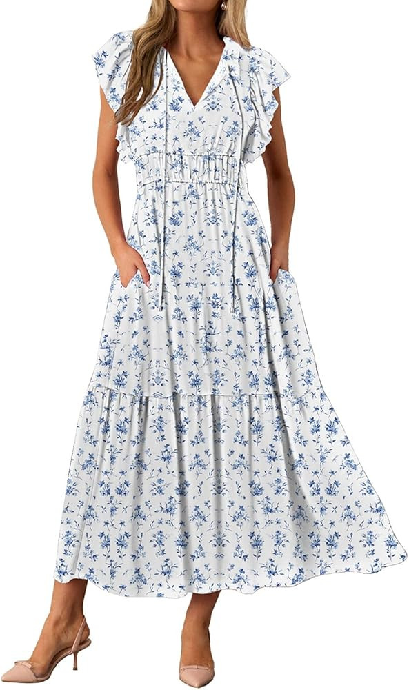 BLENCOT Womens Casual Summer Ruffle Cap Short Sleeve V Neck Floral Maxi Dress Flowy Tiered Boho D... | Amazon (US)